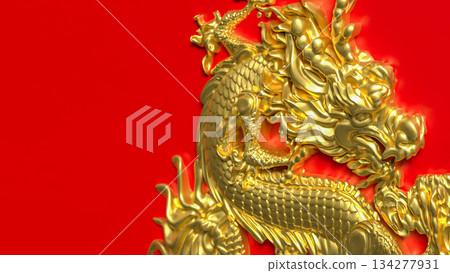 Golden Chinese Dragon Emblem on Red Background 3d render. Golden Chinese Dragon Emblem on Red Background 3d render. 134277931