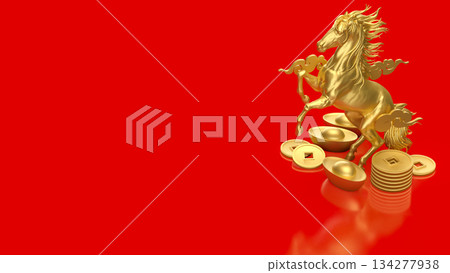 Golden Rearing Horse with Chinese Wealth Symbols on Red 3d render. 134277938