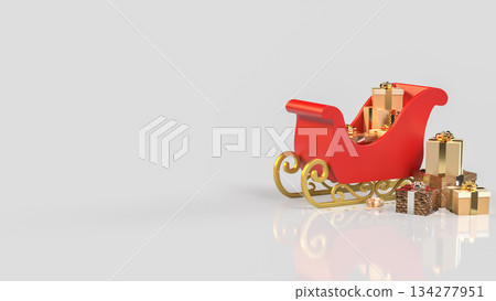 Red Christmas Sleigh Overflowing with Golden Gifts 3d render. Red Christmas Sleigh Overflowing with Golden Gifts 3d render. 134277951