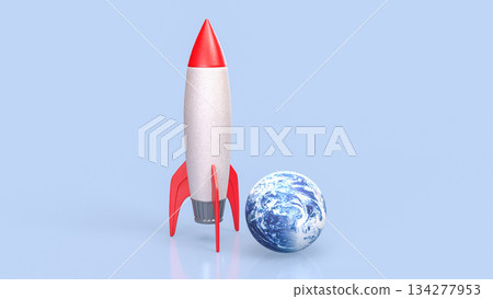 Colorful Rocket beside Earth Globe on Soft Blue Background 3d render. 134277953