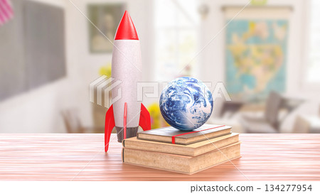 Rocket and Earth Globe on Books in Bright Classroom Setting 3d render 134277954