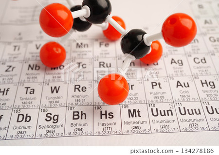 Molecules chemical on a periodic table background. 134278186