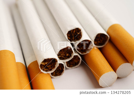 Cigarette, roll tobacco in paper with filter tube, No smoking. 134278205