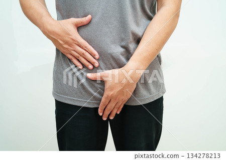 Hernia, Asian man stomach ache, abdominal pain and urology problem health. Hernia, Asian man stomach ache, abdominal pain and urology problem health. 134278213