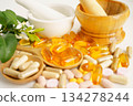 Alternative medicine herbal organic capsule with vitamin E omega 3 fish oil, mineral, drug with herbs leaf natural supplements for healthy good life. 134278244