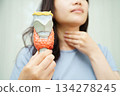 Hyperthyroidism, Overactive Thyroid, Thyroid Lymphoma, Asian woman with thyroid gland human anatomy model. 134278245