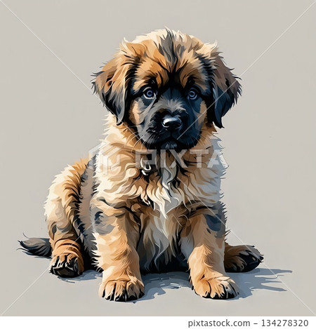 一幅可愛的萊昂貝格幼犬坐著的插圖 134278320