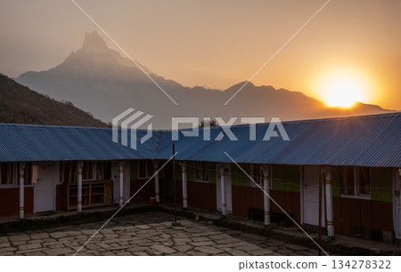 View of Machapuchare mountain (or Mt.Fish tail) seen from local village on the way to Mardi Himal high camp in Nepal. View of Machapuchare mountain (or Mt.Fish tail) seen from local village on the way to Mardi Himal high camp in Nepal. 134278322
