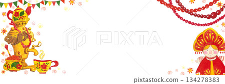 Festive Maslenitsa frame featuring a samovar, beads, a lady, tea, and caviar. A vibrant hand-drawn watercolor illustration, cartoon-style. Design for invitations, cards, and billboards 134278383