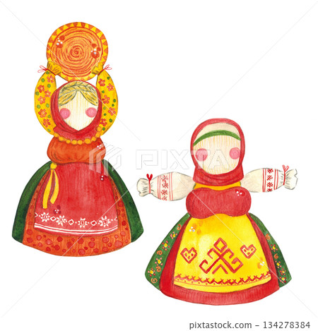 A set of bright ritual dolls for the Maslenitsa holiday. Watercolor illustration hand drawn. Maslenitsa, bright, cartoon, doll, ribbons, costume, sun, carnival 134278384