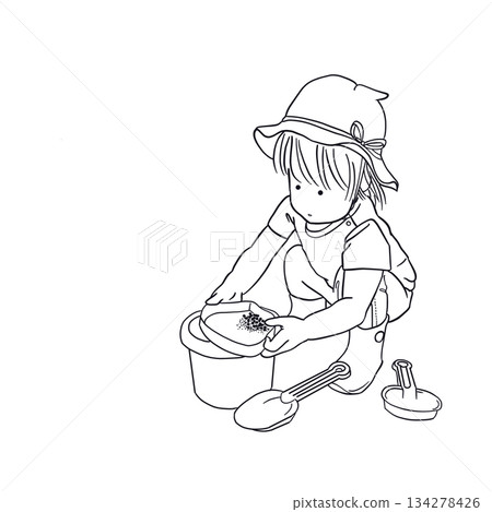 兒童在沙坑玩耍的線條畫 134278426