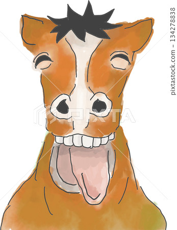 一幅水彩插畫,描繪了一匹微笑、快樂的馬。 一幅水彩插畫,描繪了一匹微笑、快樂的馬。 134278838