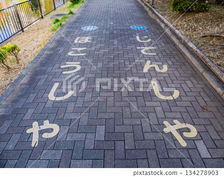 園區內標示行人與自行車交通分流的非合法道路標誌 134278903