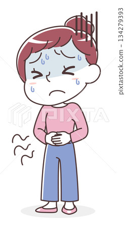 Illustration of a woman suffering from stomach pain and gastrointestinal problems (food poisoning, stress, constipation, diarrhea) Illustration of a woman suffering from stomach pain and gastrointestinal problems (food poisoning, stress, constipation, diarrhea) 134279393