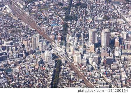 Aerial view of Mitaka Station on the Chuo Line from the east 134280164