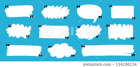 Text box frame set with quotation mark. Hand drawn marker brush stroke text speech message frame background. Quotation mark dialog speech, square, chat banner design template. Vector 134280234