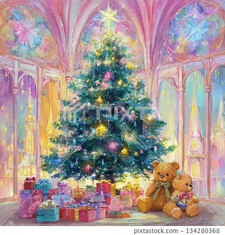 冬季奇幻插畫，描繪了夢幻般的聖誕樹和禮物。 134280368