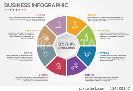 Visual data presentation. Cycle diagram with 8 options. Pie Chart Circle infographic template with 8 steps, options, parts, segments. Business concept. Marketing infographic vector illustration. Visual data presentation. Cycle diagram with 8 options. Pie Chart Circle infographic template with 8 steps, options, parts, segments. Business concept. Marketing infographic vector illustration. 134280397