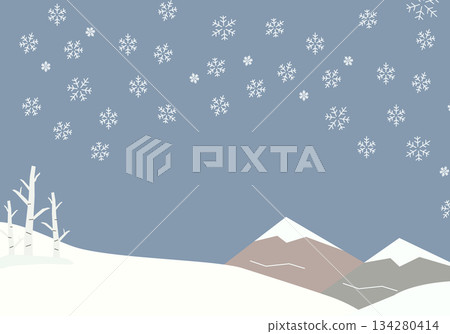 Snowflakes and birch trees dancing in the winter sky Winter landscape background material 134280414