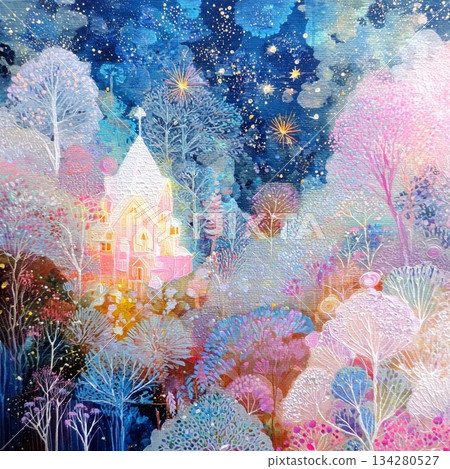 星空下，童話般的森林和閃閃發光的房屋的奇幻插畫 134280527