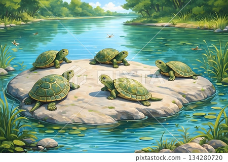 Turtles basking in a pond 134280720