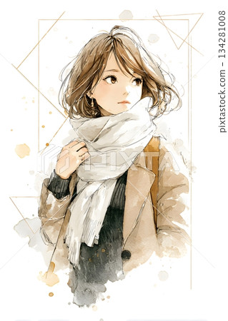[AI-generated] Winter fashion, portrait of a woman wearing a scarf, watercolor style 134281008