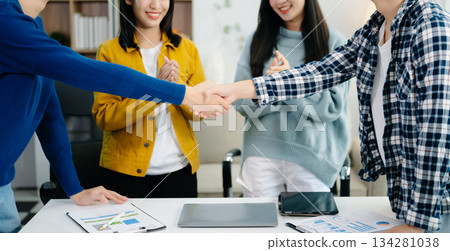 Group of Asian business meeting in planning design in creative business discussing work 134281038