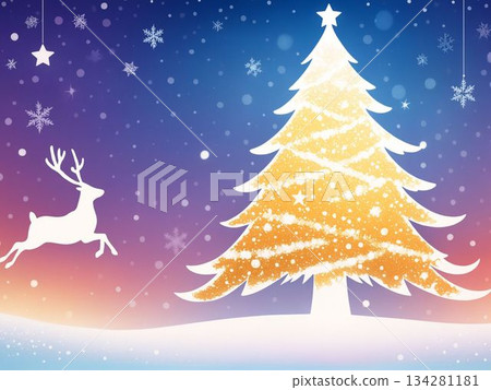 A vibrantly gradated Christmas tree and reindeer silhouette 134281181