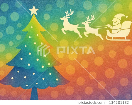 Colorful winter night sky and snowy landscape Christmas illustration background 134281182