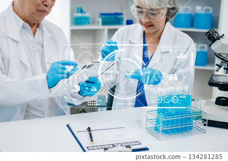 Scientist two woman with tablet and laptop, laboratory and ecofriendly science. Agriculture, research and scientists with online reading, test samples 134281285