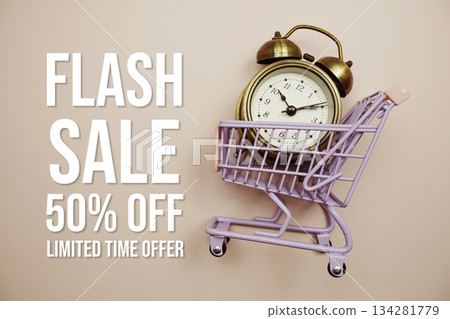 Flash Sale 50% off Limited time offer text with trolley shopping cart and alarm clock on pink background 134281779