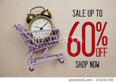 Sale 60% text with alarm clock and trolley shopping cart on pink background 134281780