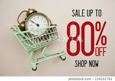Sale 80% off Shop Now text with alarm clock and trolley shopping cart on pink background 134281782