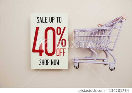 Sale 40% off text with trolley shopping cart on pink background 134281784