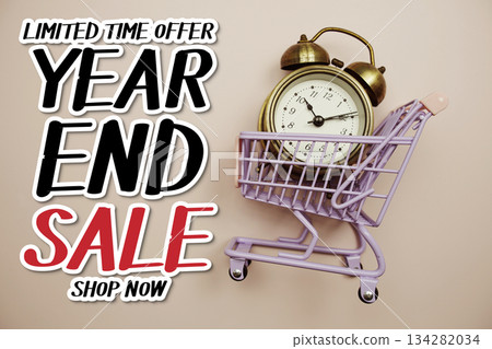 Year End Sale with Shopping Cart and Alarm Clock on Pastel Background Year End Sale with Shopping Cart and Alarm Clock on Pastel Background 134282034