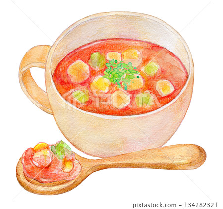 Watercolor illustration, hand-drawn illustration, minestrone Watercolor illustration, hand-drawn illustration, minestrone 134282321