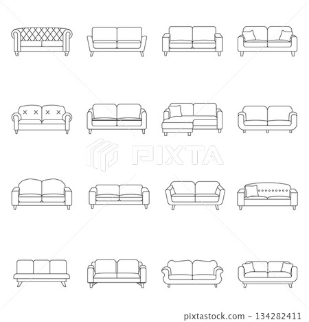 A clean, minimalist grid of 16 different sofa and couch styles rendered in black and white line art. The collection includes various designs, A clean, minimalist grid of 16 different sofa and couch styles rendered in black and white line art. The collection includes various designs, 134282411