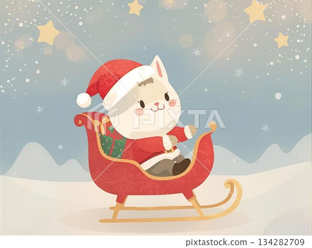 聖誕老人貓坐在雪橇上 134282709