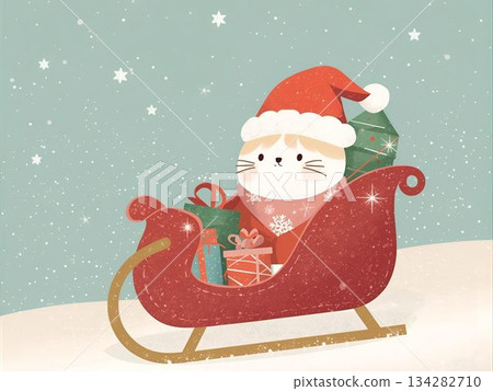 聖誕老人貓坐在雪橇上 聖誕老人貓坐在雪橇上 134282710