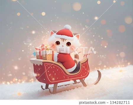 聖誕老人貓坐在雪橇上 聖誕老人貓坐在雪橇上 134282711