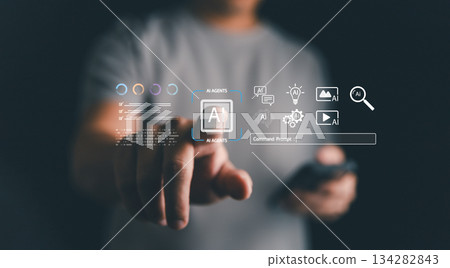 User interacting with AI agents on virtual interface, symbolizing artificial intelligence, machine learning, chatbot automation, digital assistant, innovation, and smart technology solutions User interacting with AI agents on virtual interface, symbolizing artificial intelligence, machine learning, chatbot automation, digital assistant, innovation, and smart technology solutions 134282843