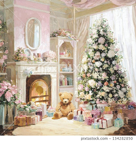 An oil painting style illustration of a warm room surrounded by a Christmas tree and presents 134282850