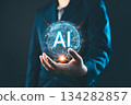 AI Artificial Intelligence technology concept, A businessman holding a glowing holographic globe with AI text, digital transformation, and innovation in technology for business and future development 134282857