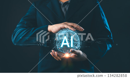 AI artificial intelligence futuristic technology concept, Businessman holding a glowing digital globe with AI text, innovation smart business, data analytics, and global digital transformation 134282858