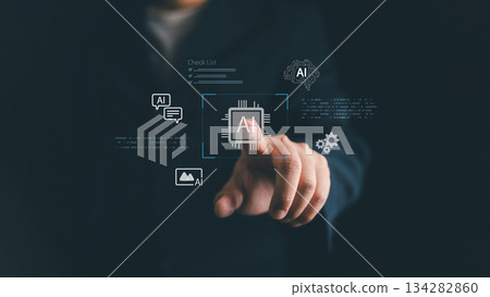 Businessman touching AI icon on virtual screen, symbolizing artificial intelligence, machine learning, digital technology, automation, innovation, and future data-driven business solutions. 134282860