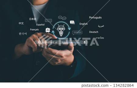 A businessman using smartphone with AI assistant and multilingual translation icons, symbolizing artificial intelligence technology, chatbot communication, and global language support for smart 134282864