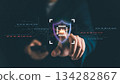 Cybersecurity concept with AI technology protection. Businessman touching virtual shield icon with artificial intelligence chip symbol, representing data security, privacy, and digital defense 134282867