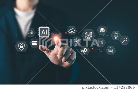 AI artificial intelligence tech, Businessman touching virtual AI technology icons interface, data analysis, cloud computing and digital transformation concept for innovation and business strategy AI artificial intelligence tech, Businessman touching virtual AI technology icons interface, data analysis, cloud computing and digital transformation concept for innovation and business strategy 134282869