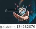Artificial intelligence cybersecurity concept with digital shield, password protection, and binary data. Modern AI technology for online security, encryption, and cyber defense systems 134282870