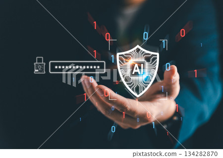 Artificial intelligence cybersecurity concept with digital shield, password protection, and binary data. Modern AI technology for online security, encryption, and cyber defense systems 134282870